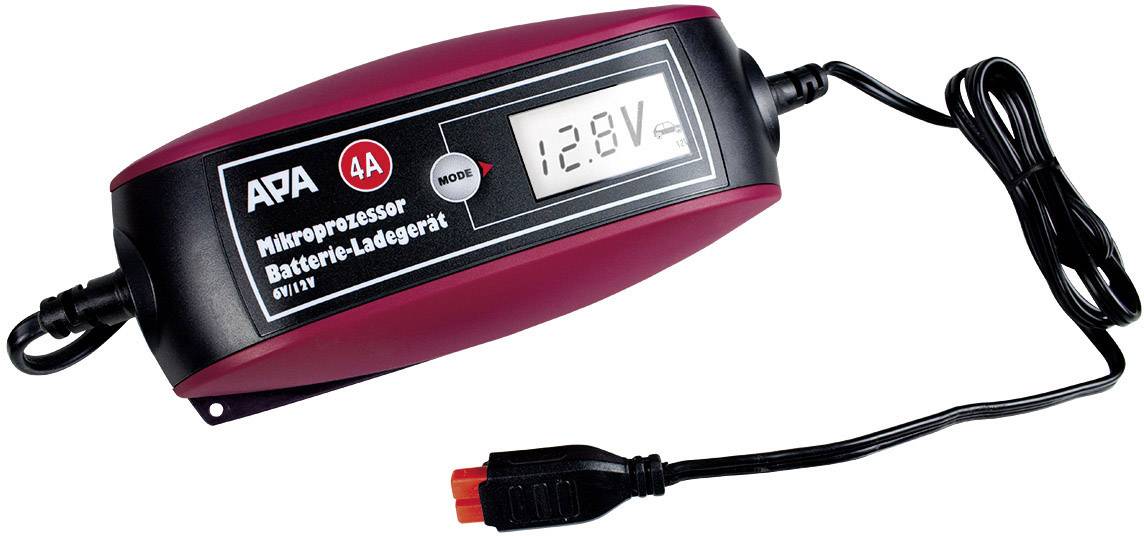 Battery charger with digital display, showing '12.8V' voltage. Suitable for 4A charging. Red, oval design with connected cable.