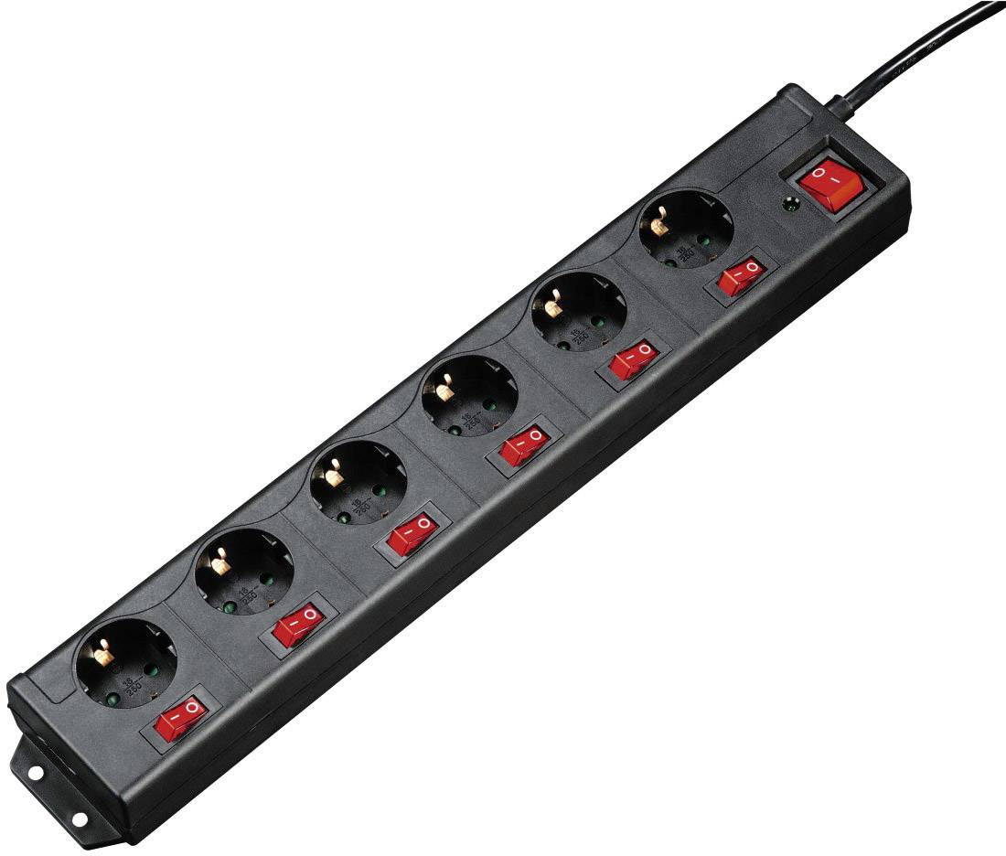 A black power strip with six Schuko sockets, each fitted with a red on/off switch.