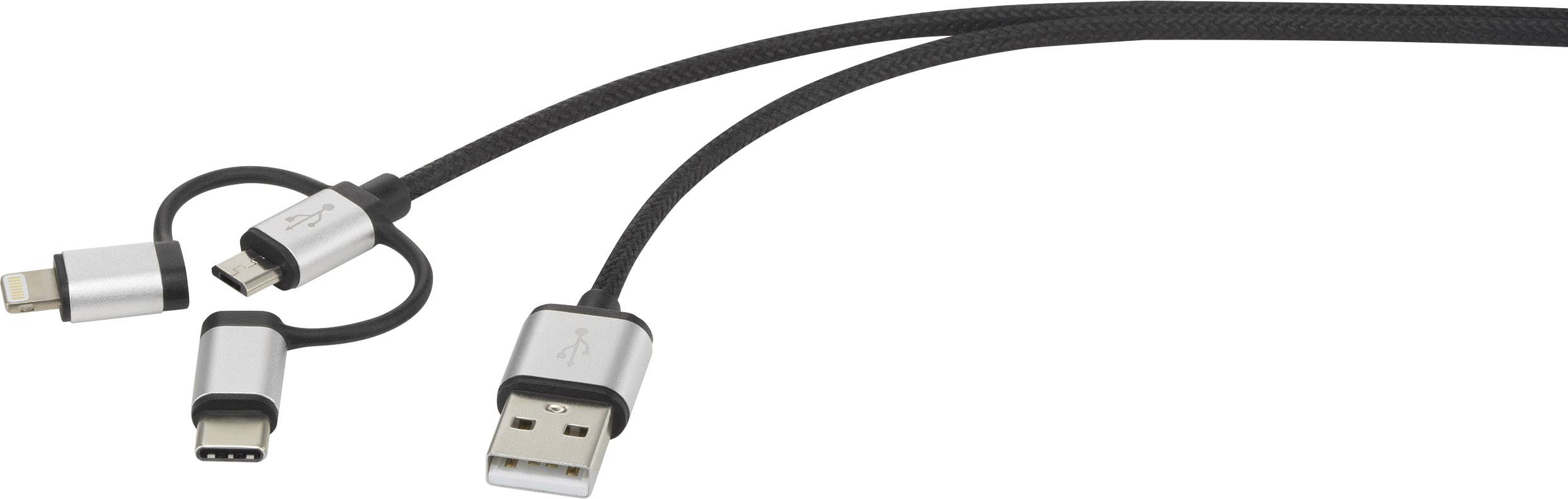 A triple USB charging cable with connectors for USB-C, Lightning and Micro-USB for versatile charging options.