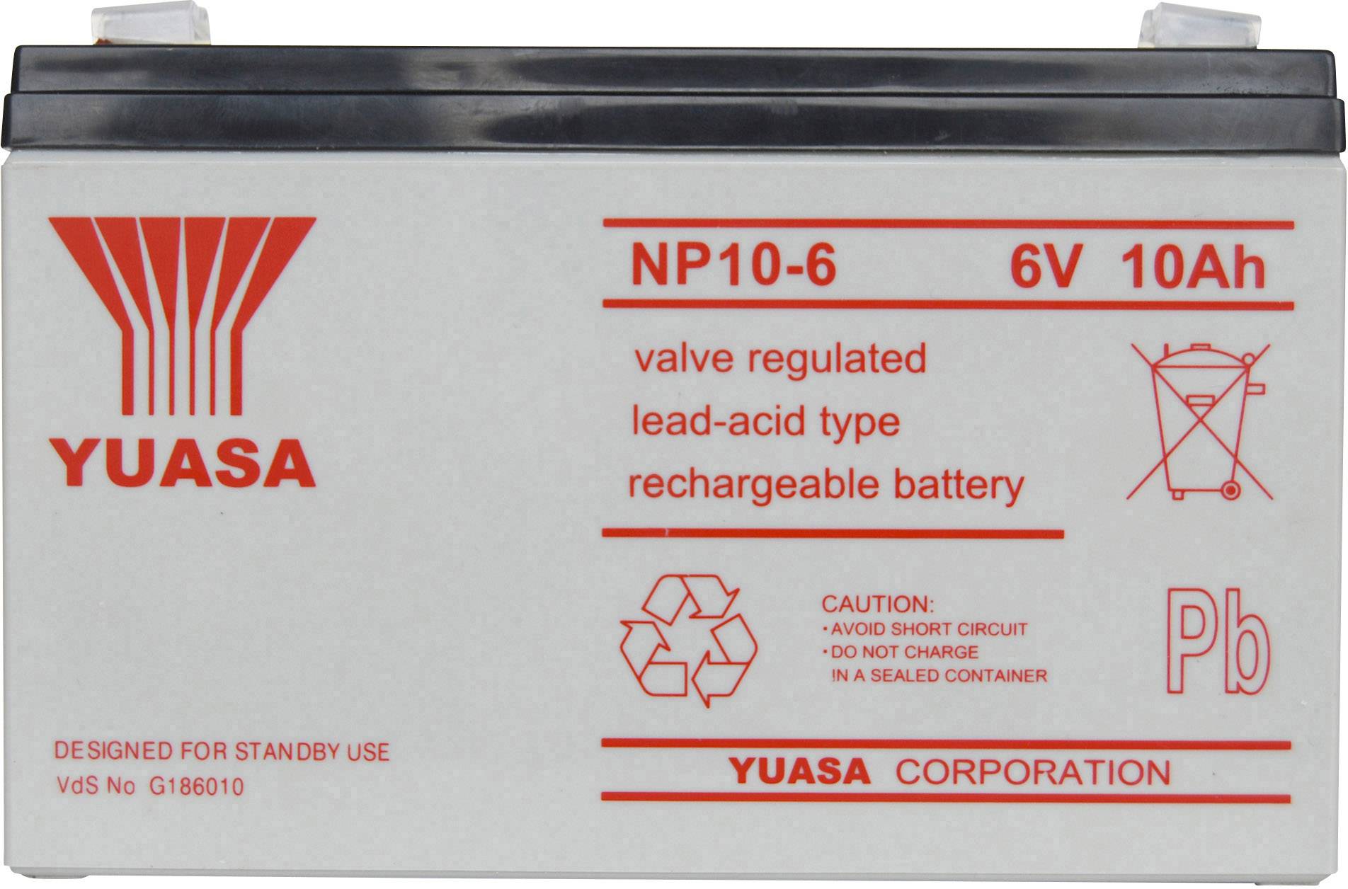 Yuasa NP10-6 NP10/6 VRLA 6 V 10 Ah AGM (W x H x D) 151 x 97.5 x 50 mm 4.8 mm blade terminal Maintenance-free, VDS certificate