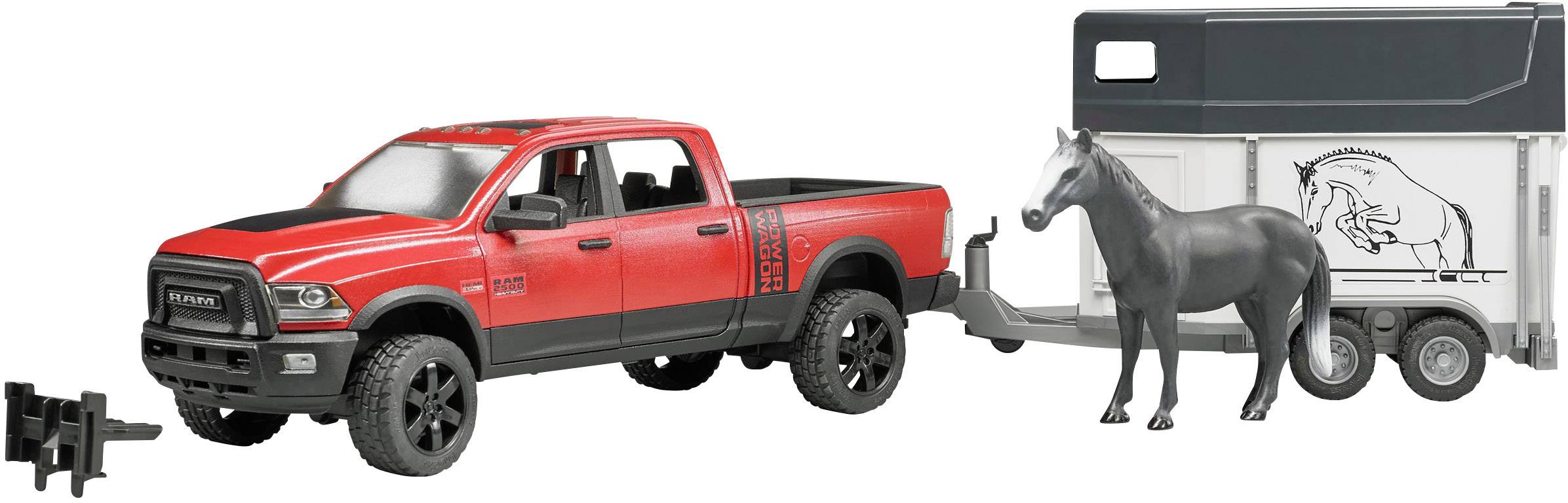 Red toy pickup truck with trailer and horse. The trailer displays a horse sketch. Accessories include a hook.