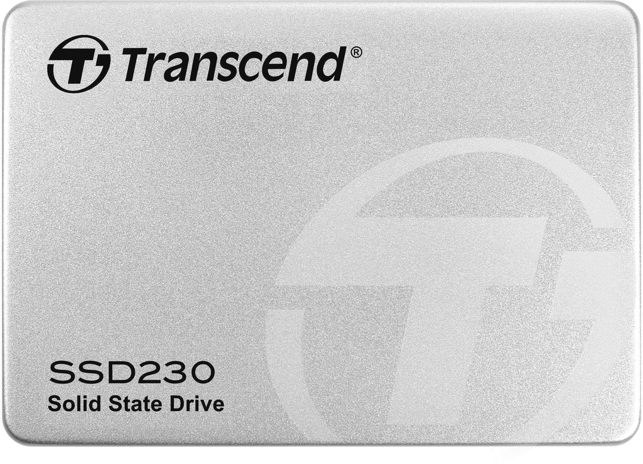A silver external SSD by Transcend with the model designation 'SSD230' and the inscription 'Solid State Drive'.