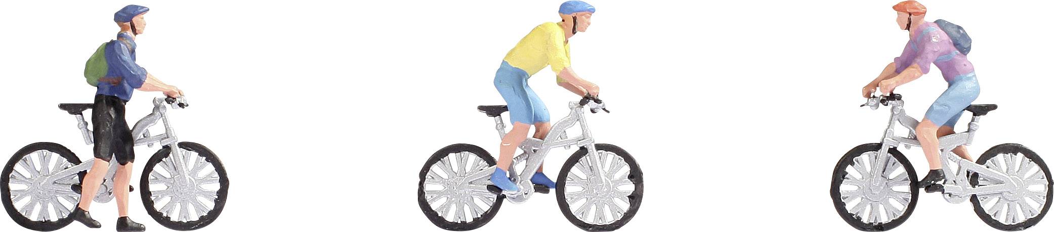 Three colourful model figures are cycling; a man in black trousers, a yellow jumper with blue shorts, and a purple shirt. They are wearing rucksacks and helmets.