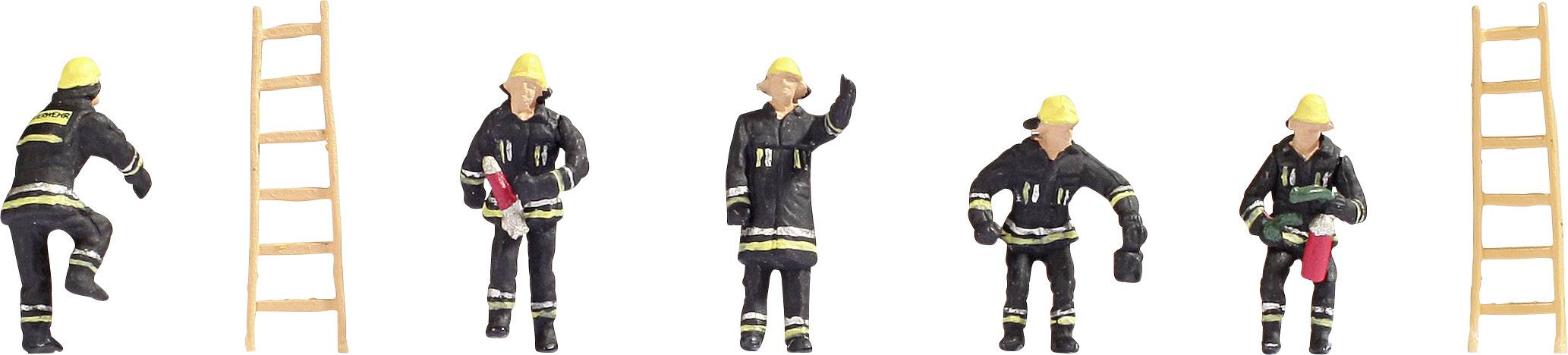 Five miniature firefighter figures in black protective clothing and yellow helmets, positioned between two ladders, with equipment.