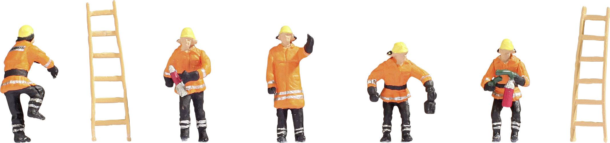 Five miniature figurines in orange workwear, symbolising construction work, along with two ladders.