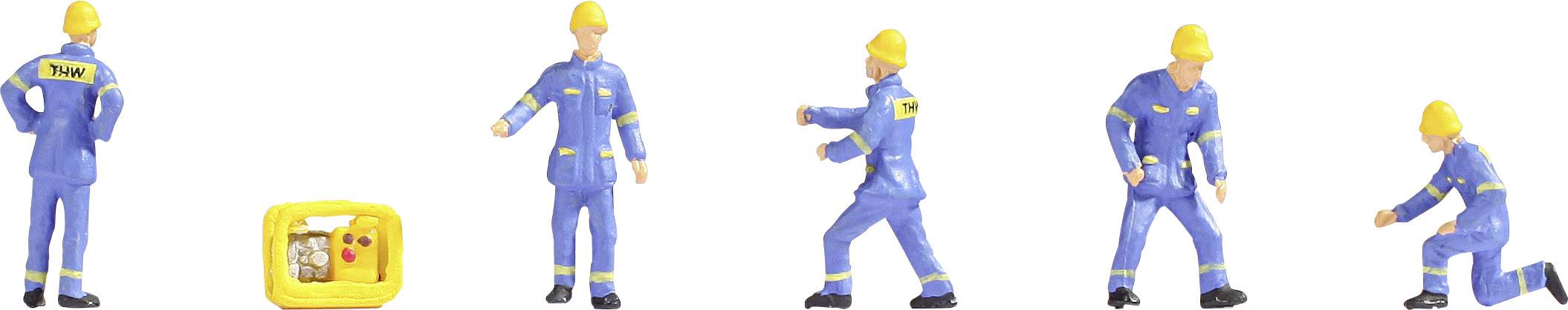 Five blue toy figures in protective clothing with yellow helmets in various poses next to a yellow device.