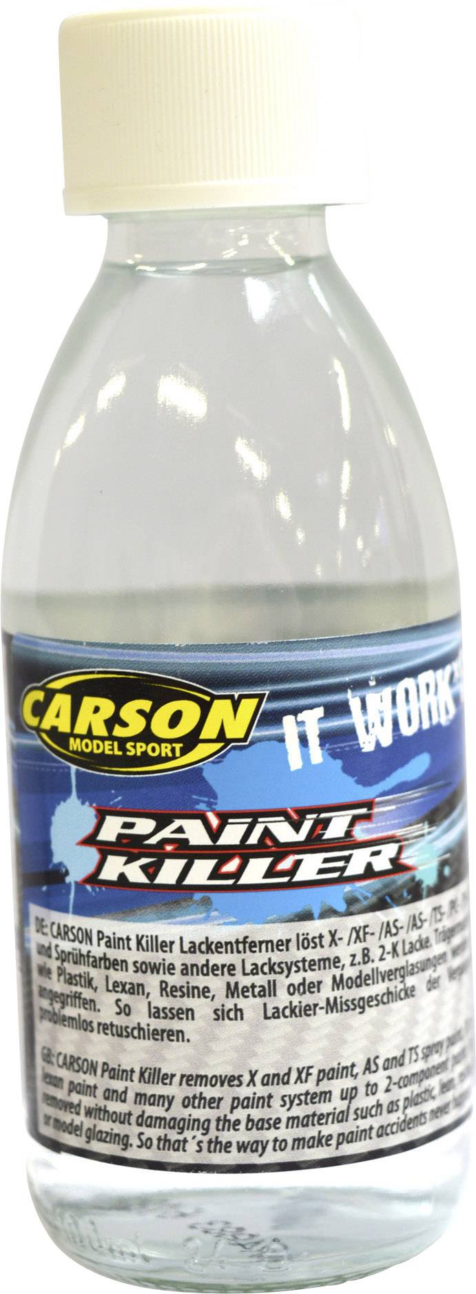 Clear glass vial with a label 'Carlson Paint Killer'. It removes paint from models and surfaces.