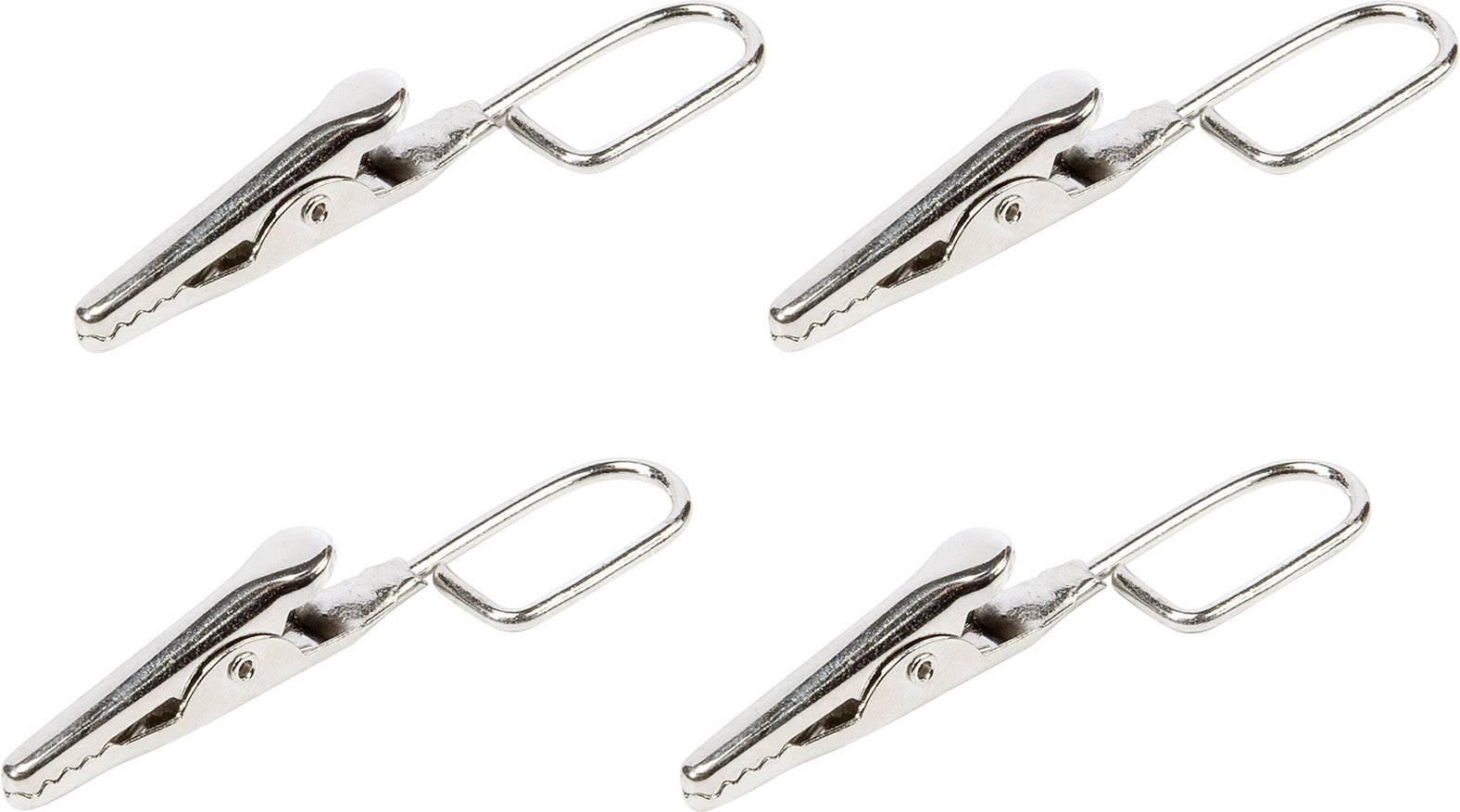 Four silver crocodile clips arranged evenly on a white surface.