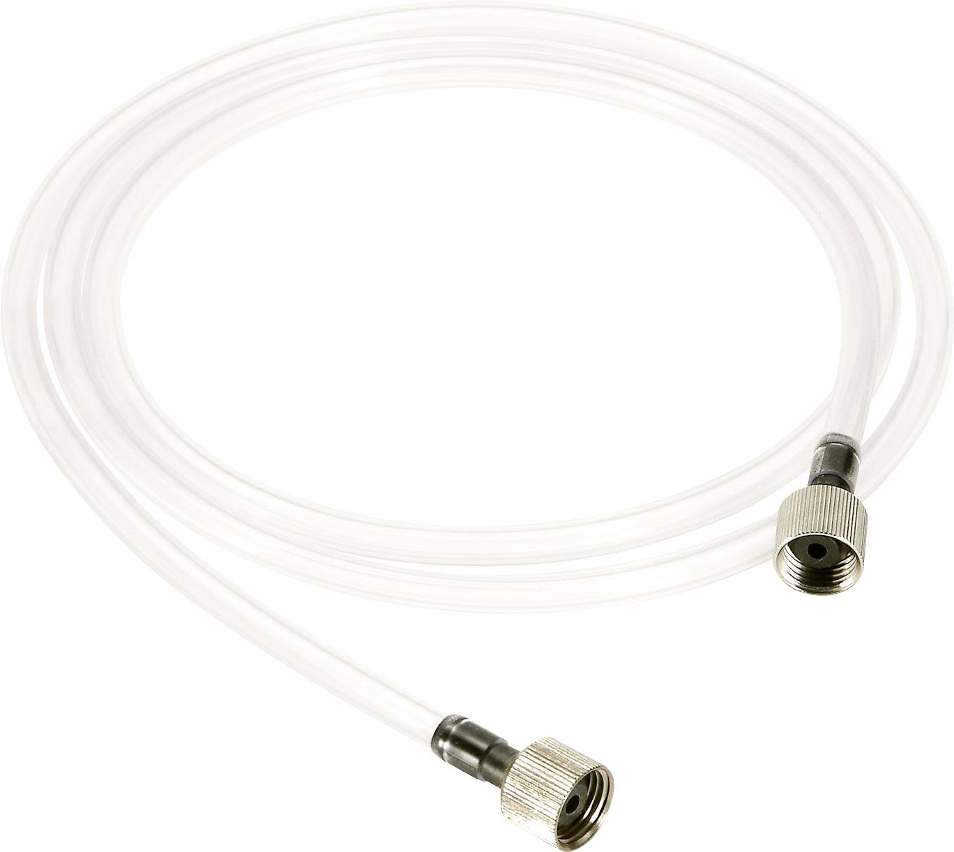 Transparent tube with metal connectors at both ends, suitable for water or air supply in technical applications.