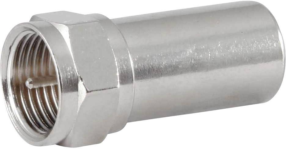 A silver coaxial adaptor, cylindrical in shape with an external thread, is used to connect coaxial cables in electronic devices.