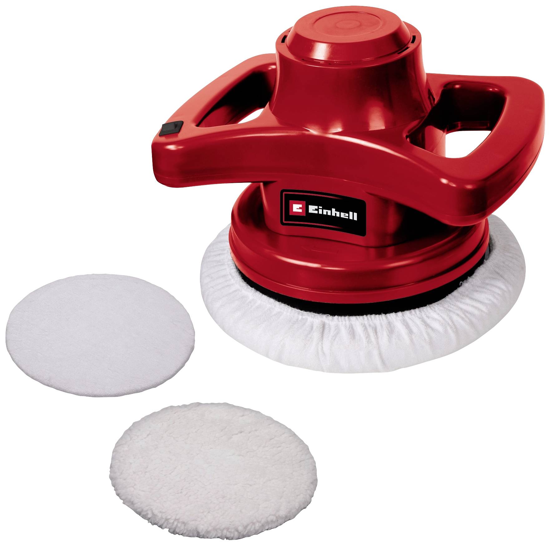 A red Einhell polishing machine with two white polishing pads, one lying flat and one already attached.
