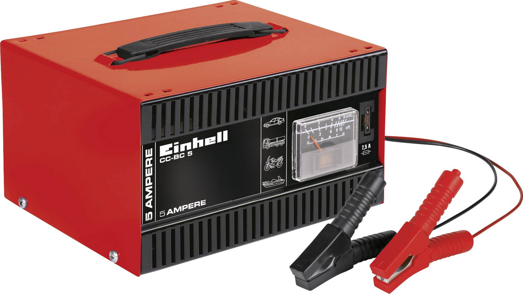 Red battery charger with analogue ammeter, black and red cables, and clamps. Suitable for 12V batteries up to 5 amperes.