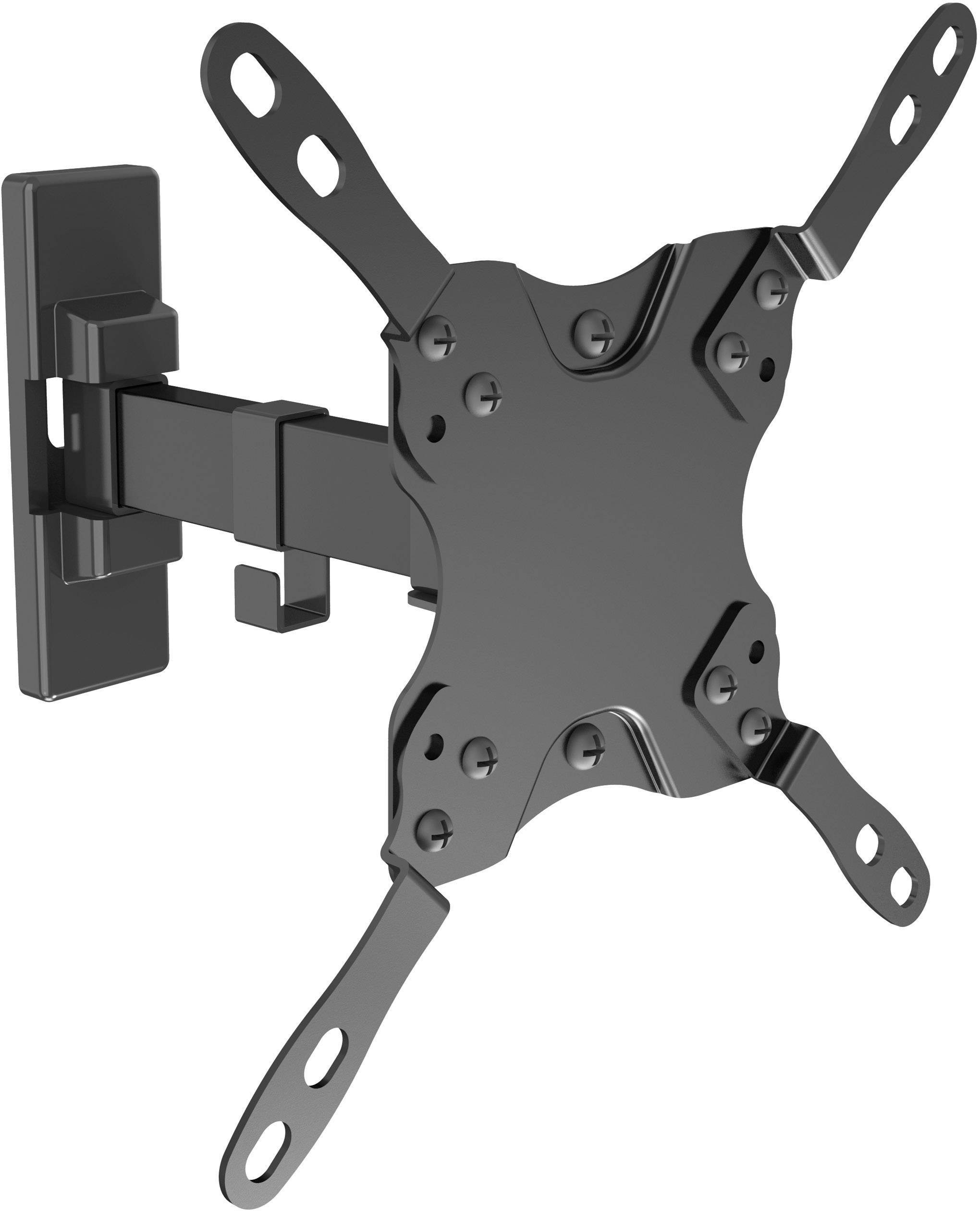 Black adjustable TV wall mount with tilting and swivelling arms, suitable for various screen sizes.