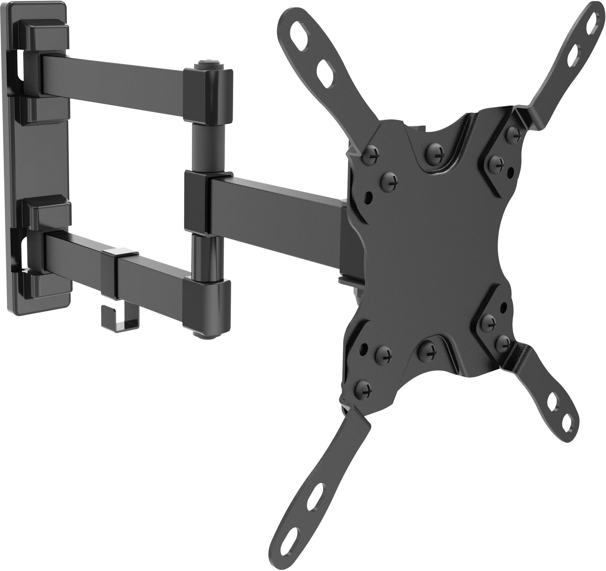 Black, adjustable TV wall mount with multiple joints and mounting points, suitable for various screen sizes.