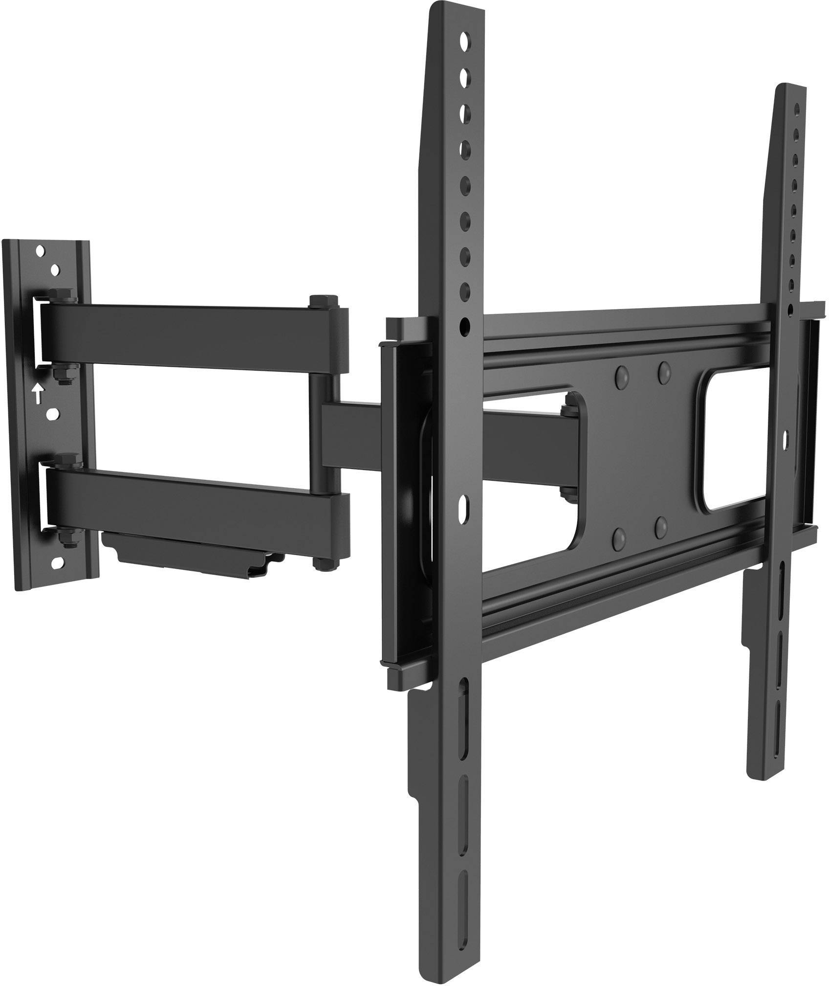 Wall mount for television with pivoting arm, made of black metal, allows flexible adjustment of screen position.<br><br>Television wall bracket with a swivelling arm, crafted from black metal, enabling versatile positioning of the screen.