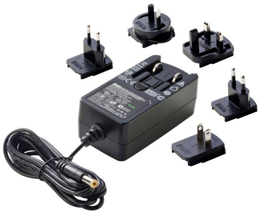 Plug-in power supply with multiple interchangeable adapter plugs for various power sockets worldwide.