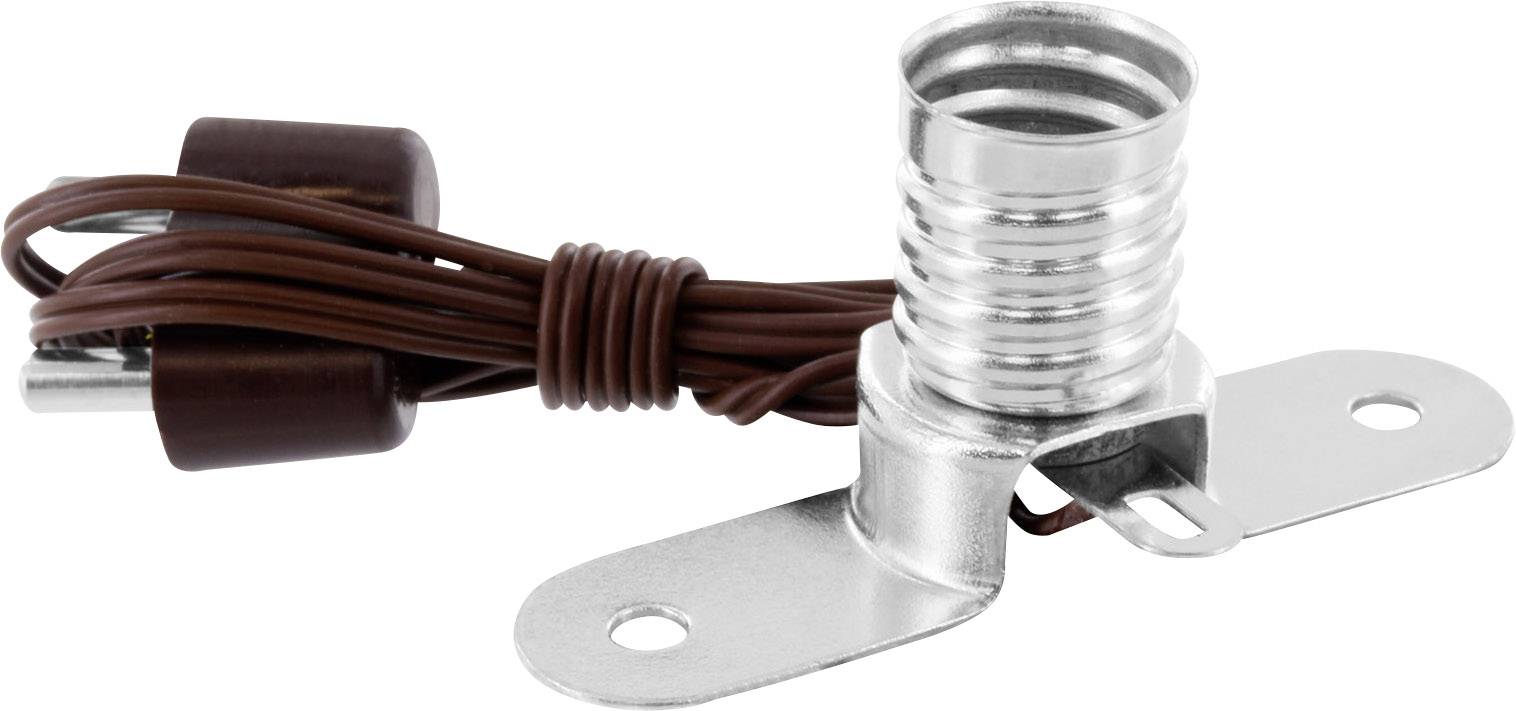 Metal lamp socket with side mounting lugs and brown cable. Suitable for electrical applications.