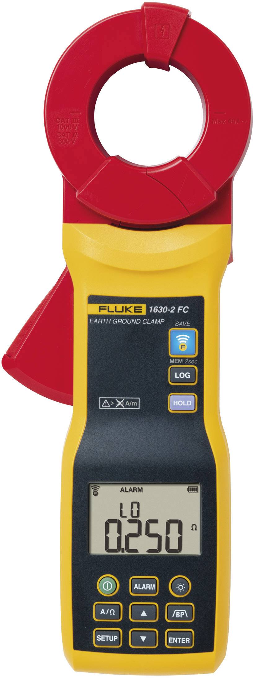 A yellow-red earthing measurement device with a digital display shows the reading '0.250'.