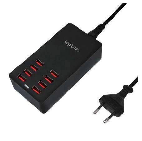 Multi-USB charger with eight red-illuminated USB ports and a European mains plug. The brand name 'LogiLink' is visible.