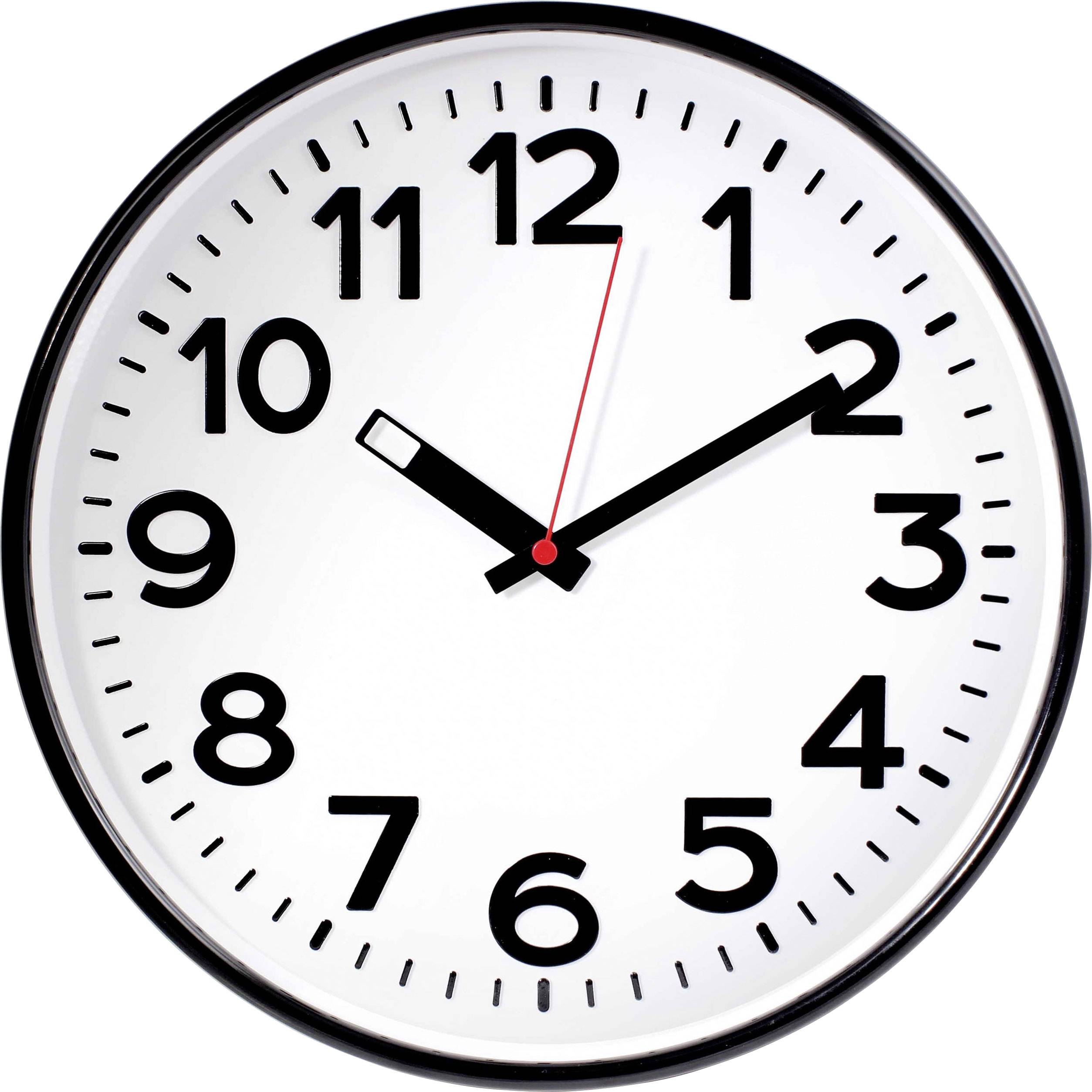 An analogue clock shows 10:10. It has a white dial with black numbers and hands, and a red second hand.
