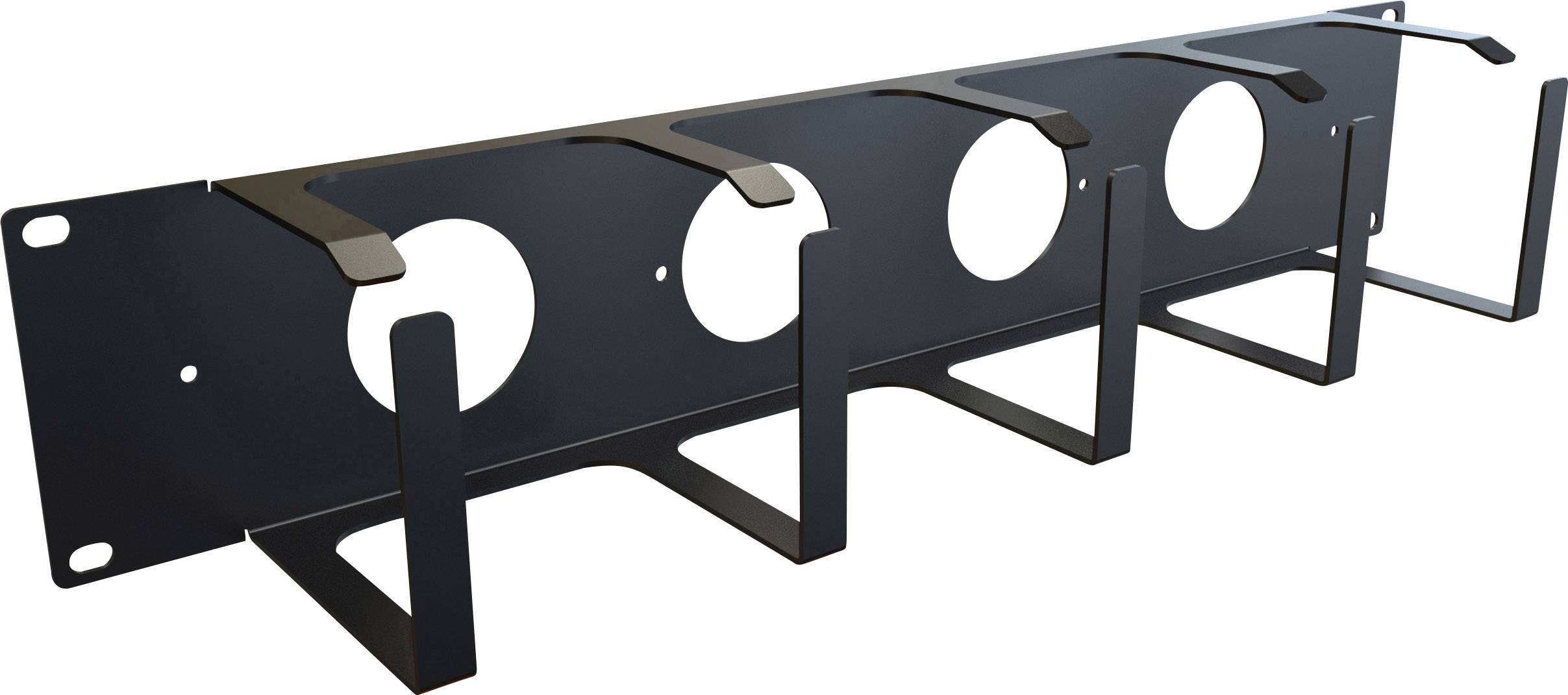 A black cable manager with multiple hooks and holes to neatly organise and position cables.
