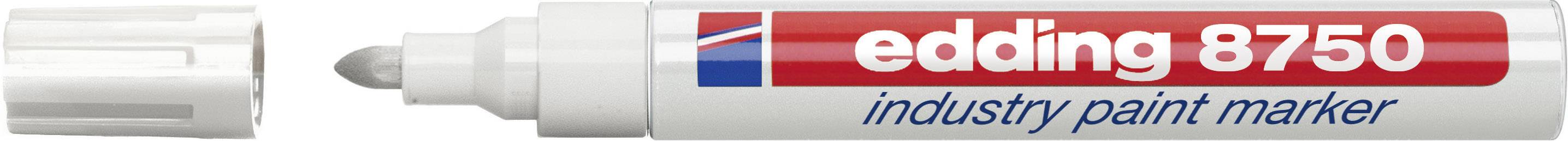 An opened industrial marker with the label 'edding 8750 industry paint marker', displaying the grey marker tip and white cap.