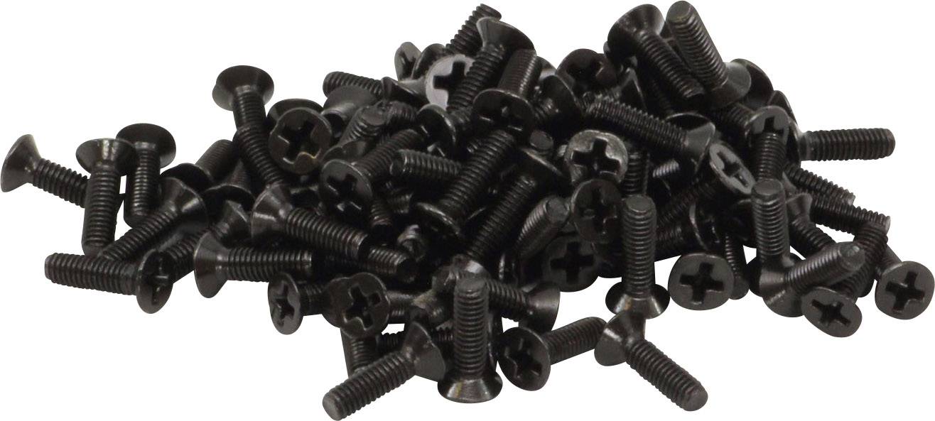 Black cross-head screws in a pile, various lengths, made of metal. Suitable for diverse fixing purposes.
