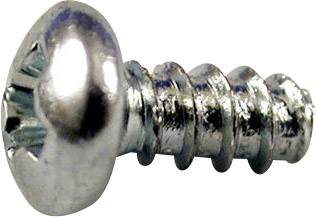 A silver metal screw with a round head and a spiral thread.