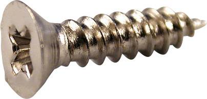 A single, silver countersunk cross-head screw. It has a full thread and a pointed tip.