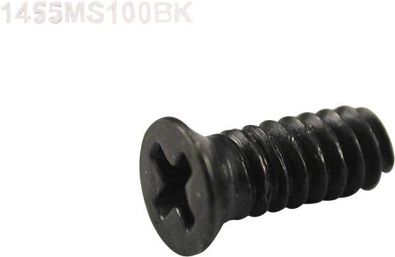 Black anodised metal screw with cross-head. Model number '1455MS100BK'. Suitable for general technical applications.