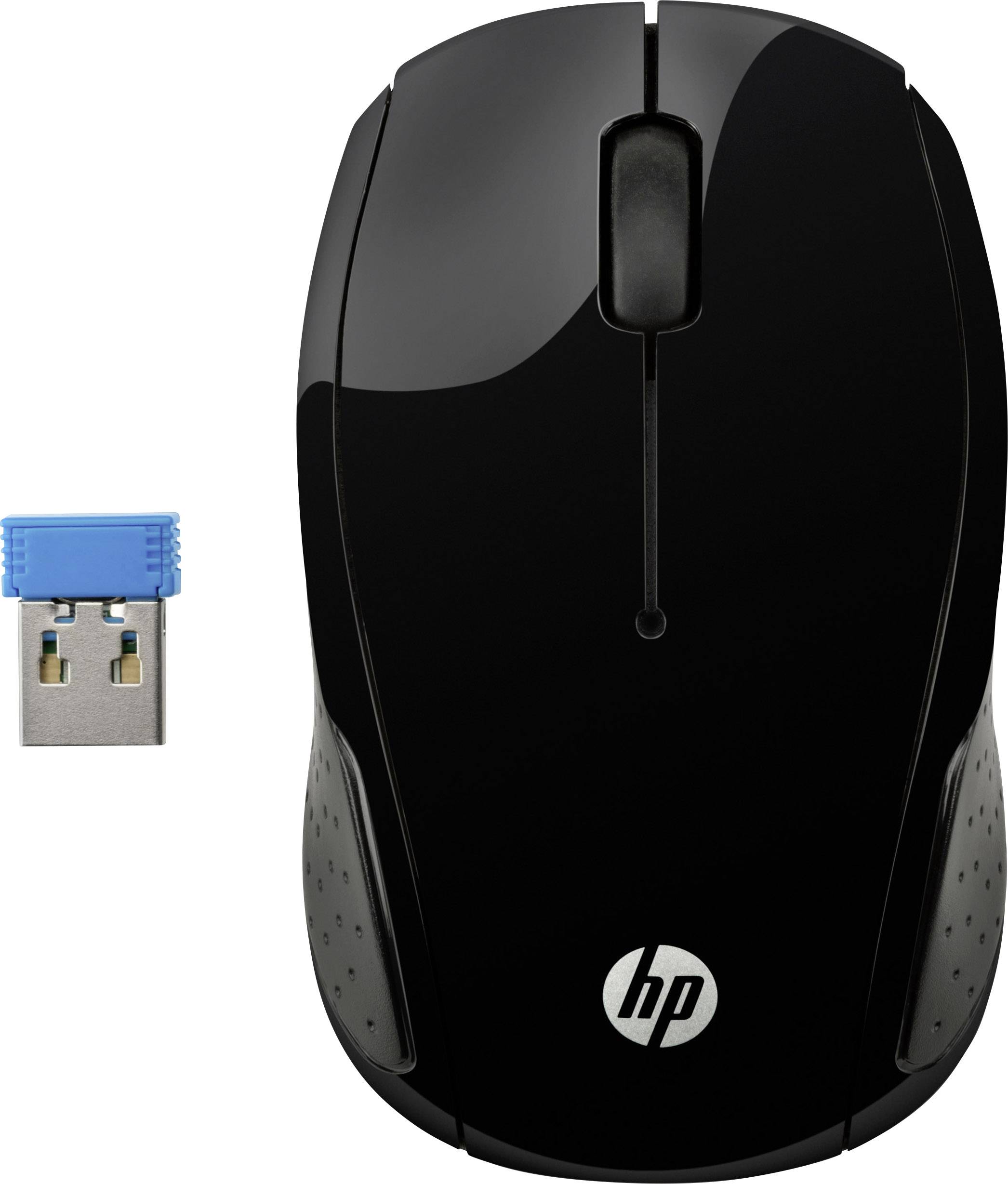Wireless black computer mouse with grey side grips and small USB receiver.