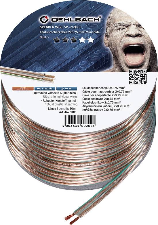 Speaker cable 2x0.75 mm, 20 m, flexible. Oehlbach brand, high conductivity. Face in the background screams emotionally.