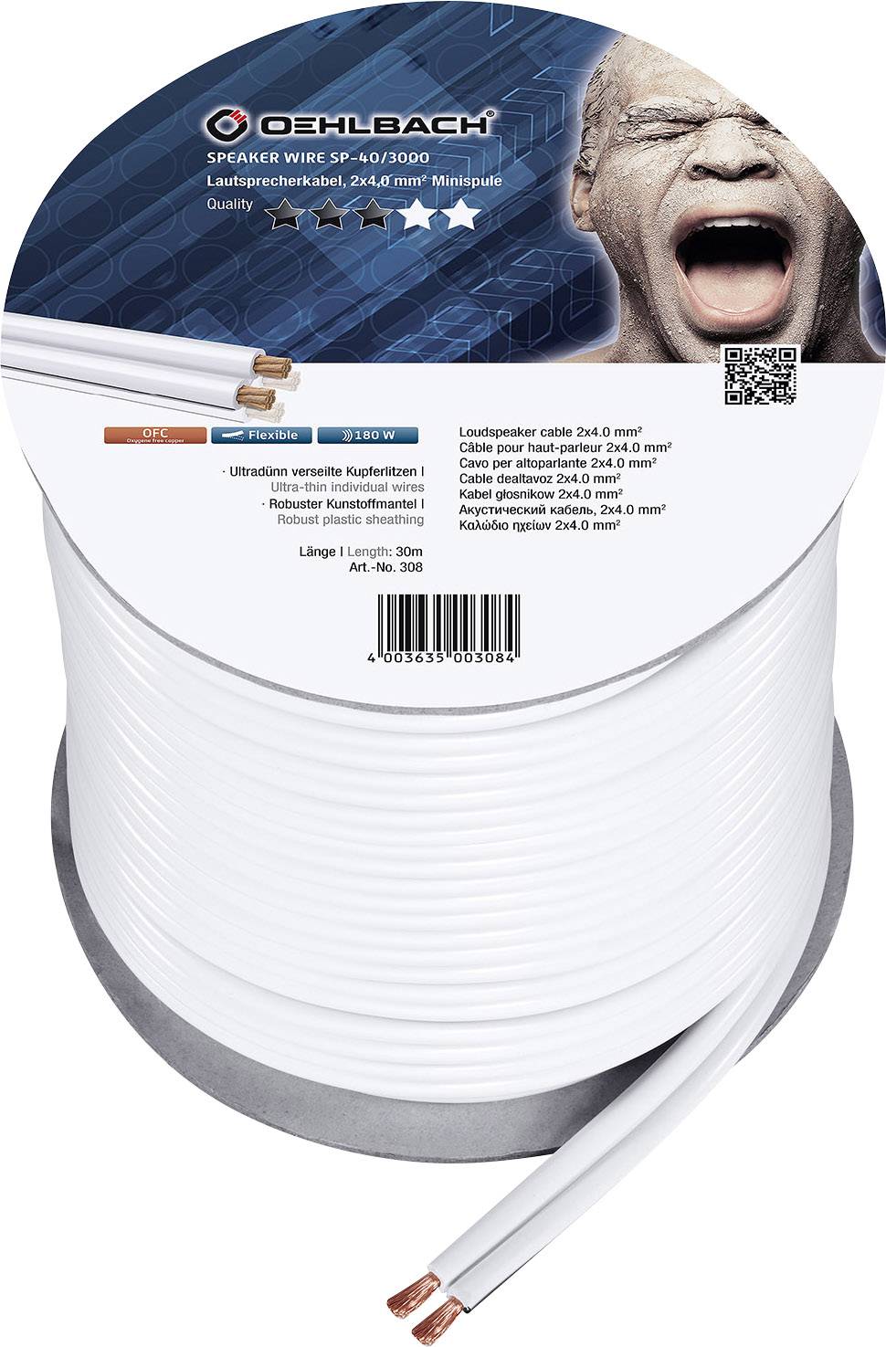 Oehlbach 308 Speaker cable 2 x 4 mm² White 30 m