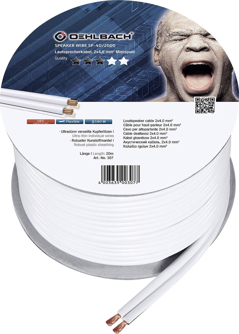 'OEHLBACH Speaker Cable 2x4.0 mm², Mini Reel, 30 m, white.' Representation of a cable with copper conductors, quality indication above.