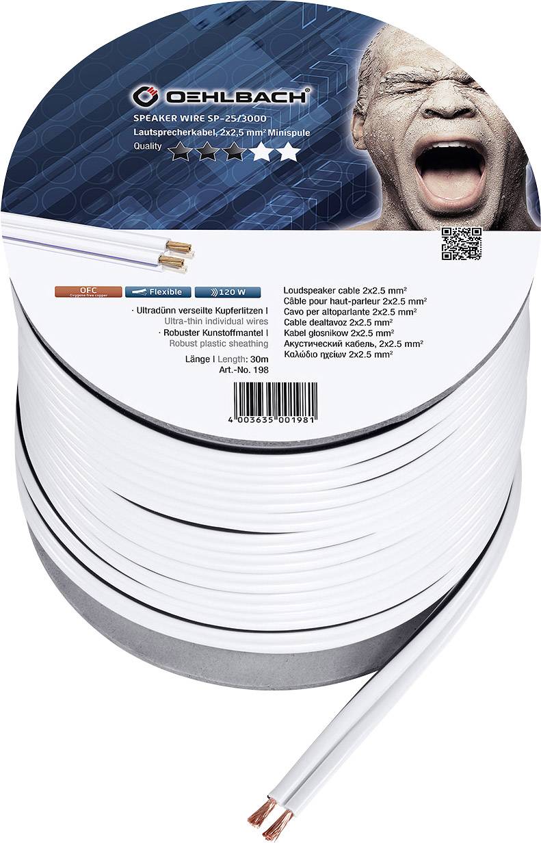 Roll of white speaker cable by Oehlbach, article number 198, 25 m long, 2x2.5 mm², for high-quality sound.