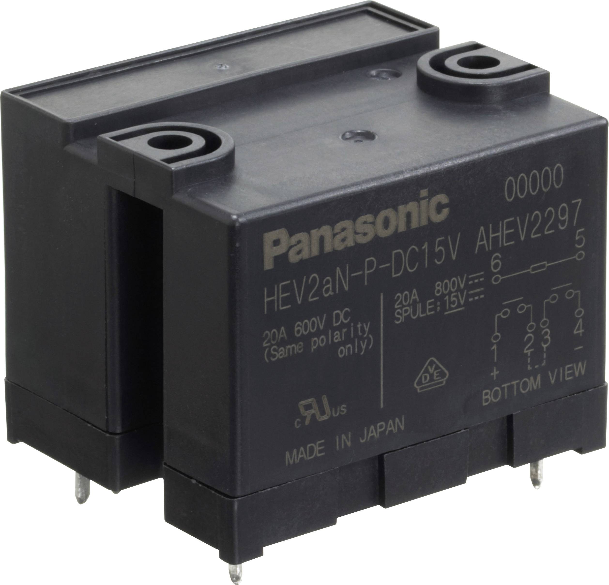 A black Panasonic relay with silver plug contacts, with technical specifications and brand origin printed on it.