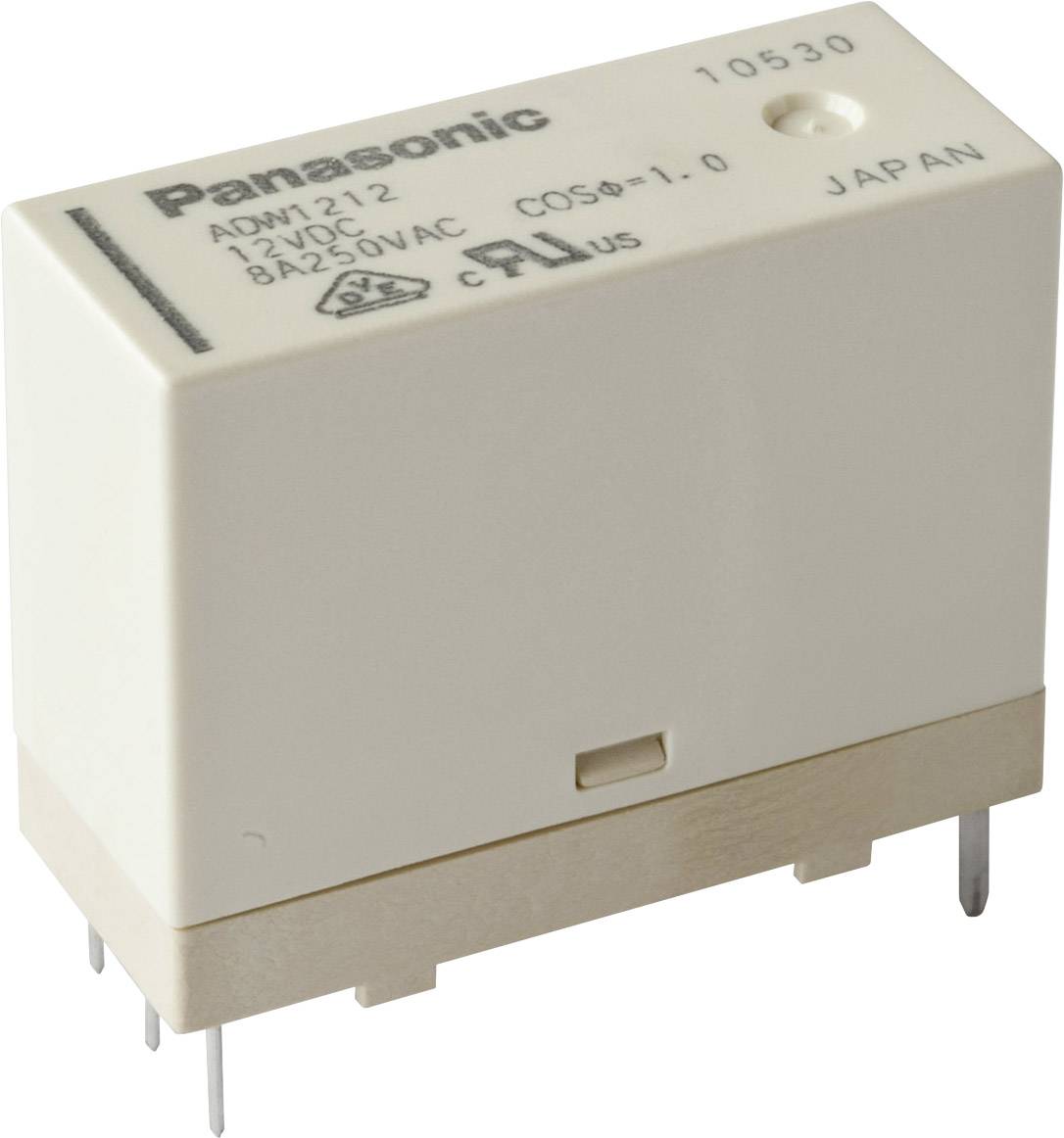 Panasonic relay, model ADW712, 12 V DC, 8A 250VAC, white plastic casing, from Japan, with safety mark printed.