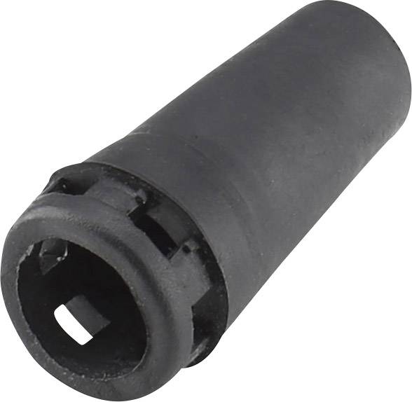 A black, cylindrical object with an opening at one end, resembling a kind of sleeve or tube.