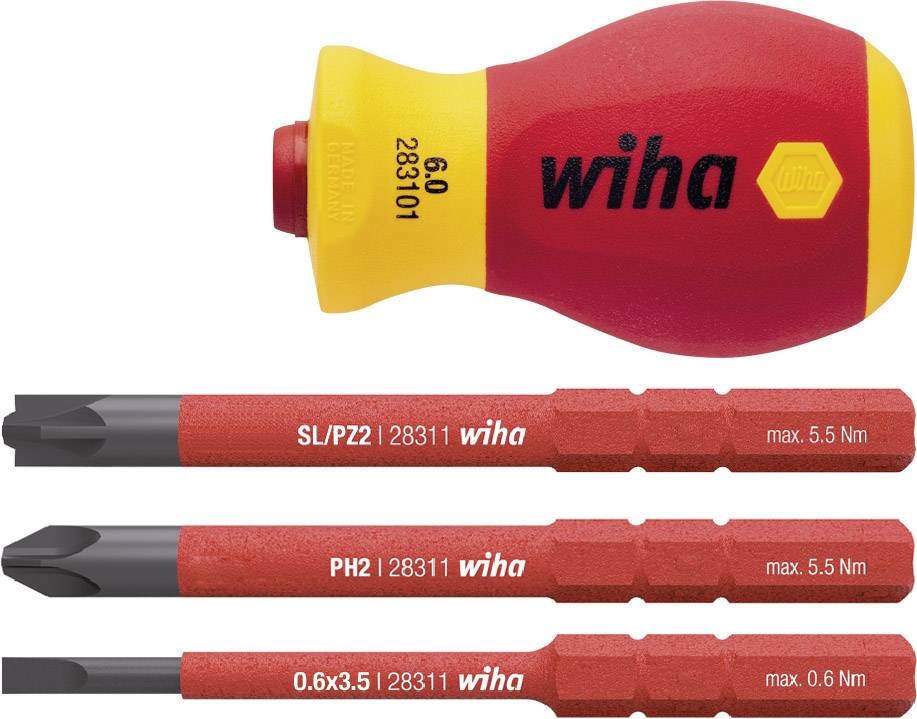 Wiha handle and three red screwdriver bits with the markings: SL/PZ1, PH2, 0.6x3.5. Maximum torque 5.5 Nm.