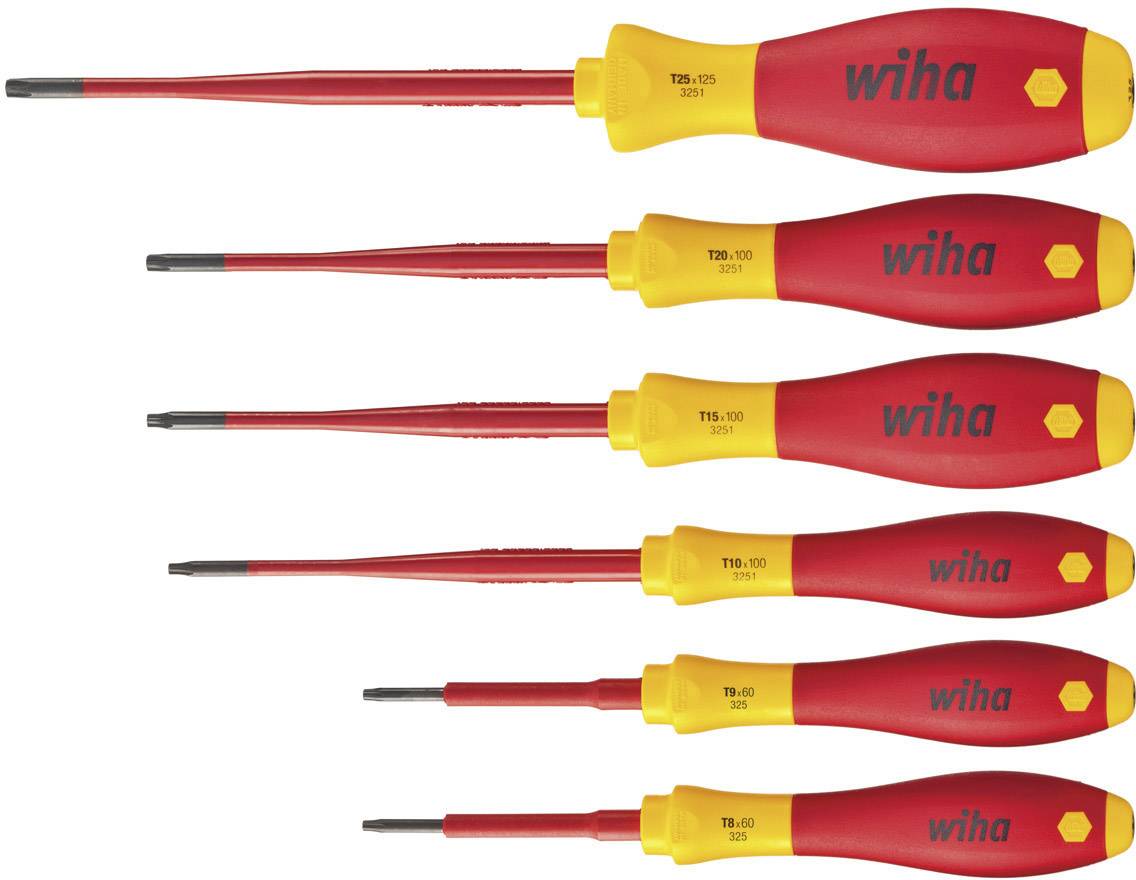 Six isolated screwdrivers of different sizes in red and yellow, with 'wiha' logo on each handle.