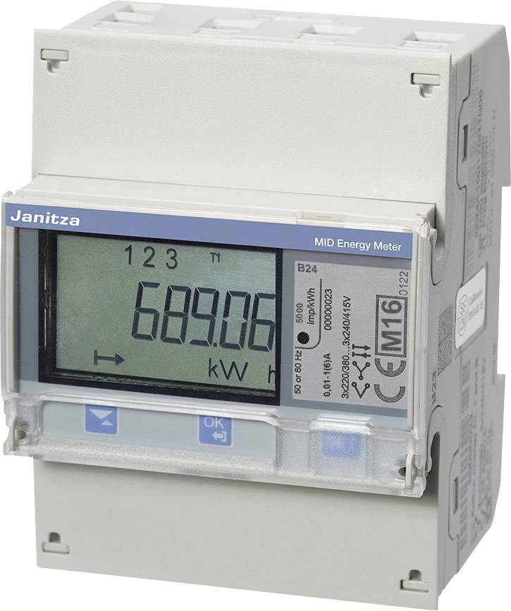 Electricity meter with digital display showing '689.06 kWh'. Housing in grey with blue and white control elements.