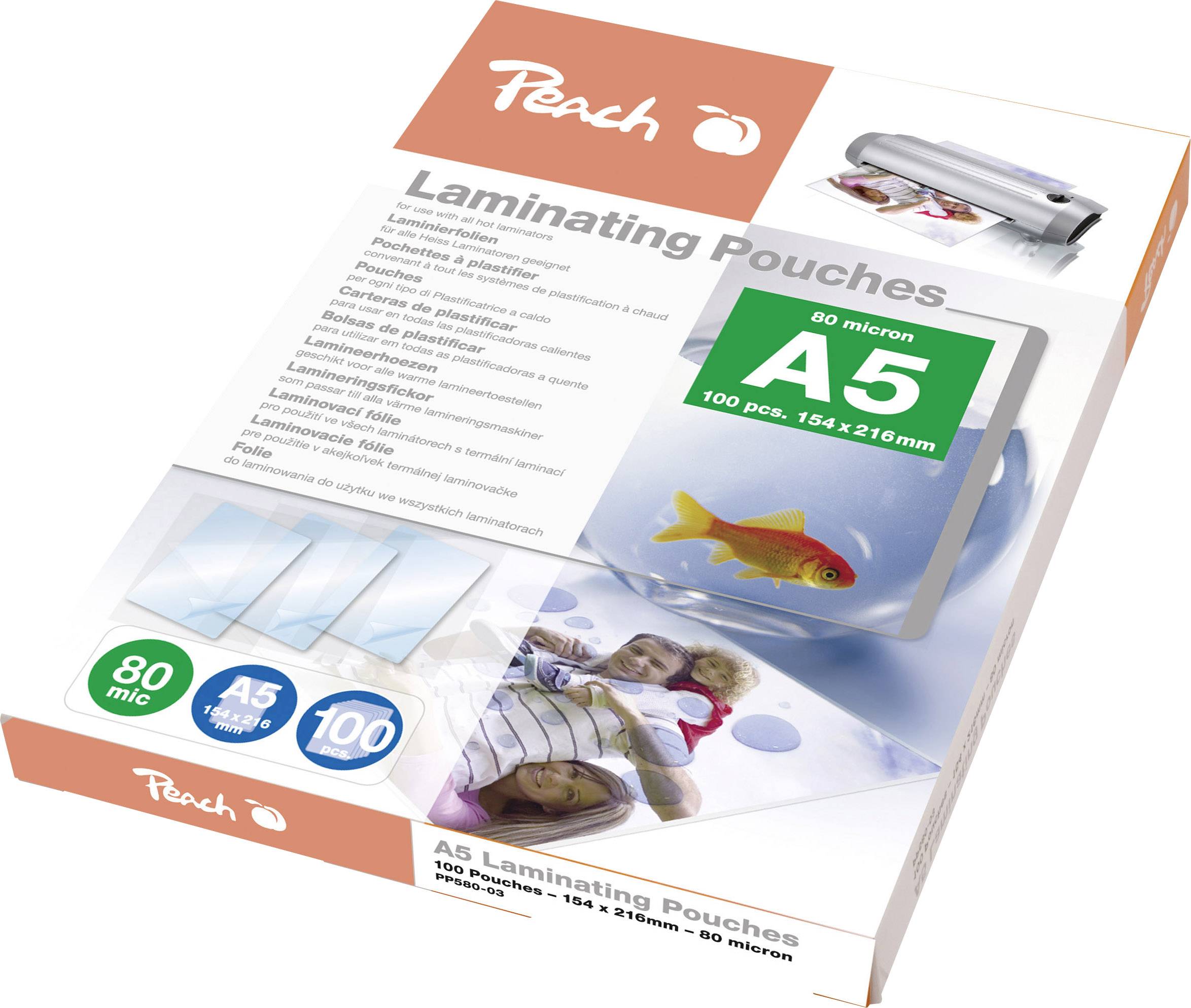 Peach Laminating Pouches, A5, 80 Microns. Contains 100 Pouches for Document Protection. Includes Image of a Laminated Photo.