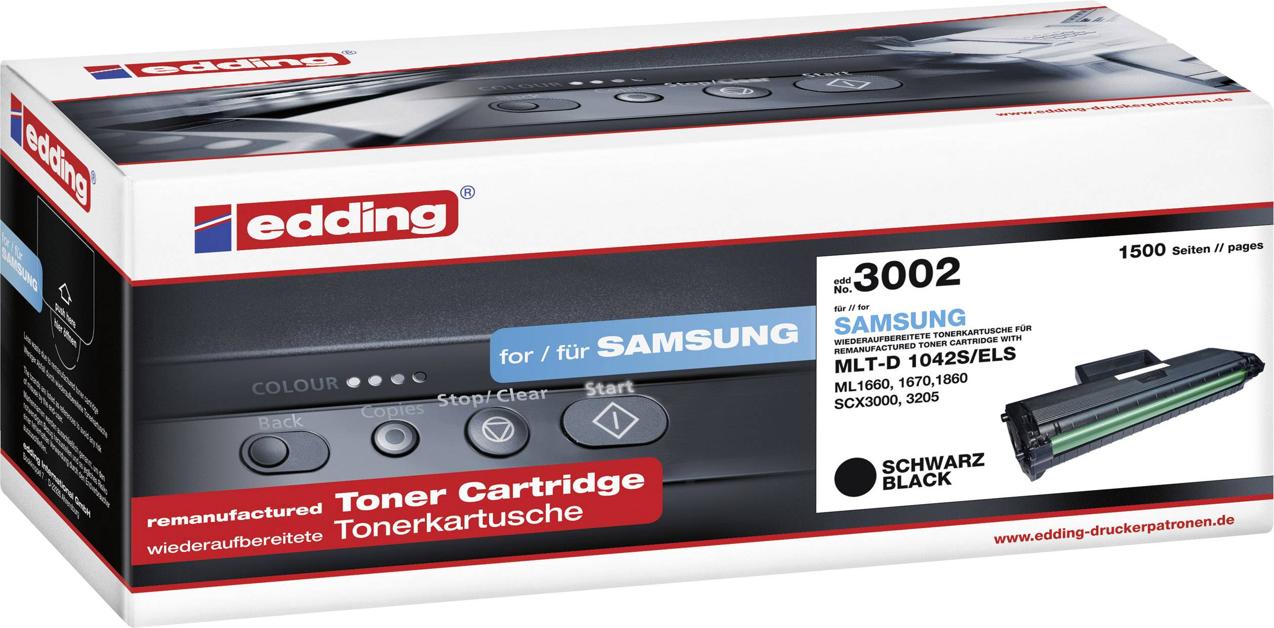 Cardboard box with the label 'Edding 3002' contains a reconditioned black toner cartridge for Samsung printer models.