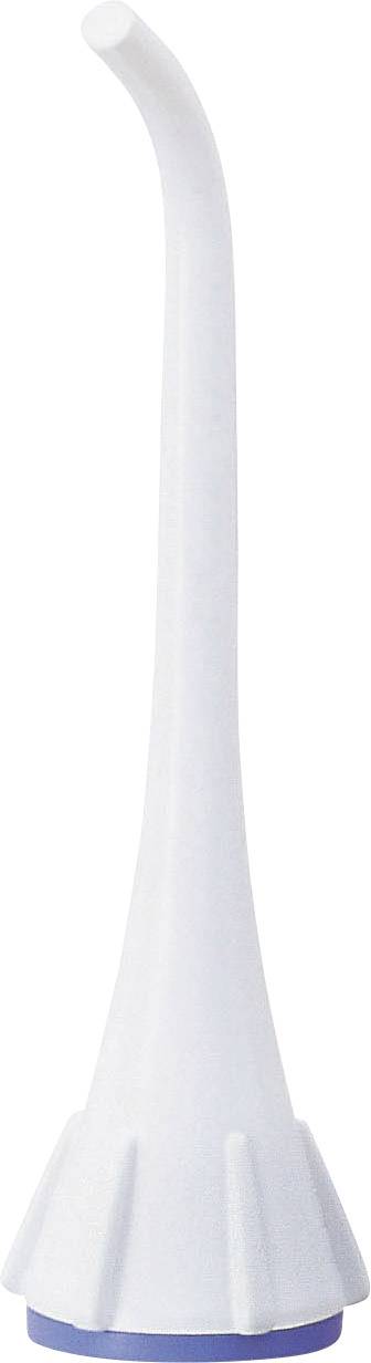 White, curved nozzle for a dental cleaning device, suitable for targeted interdental cleaning.