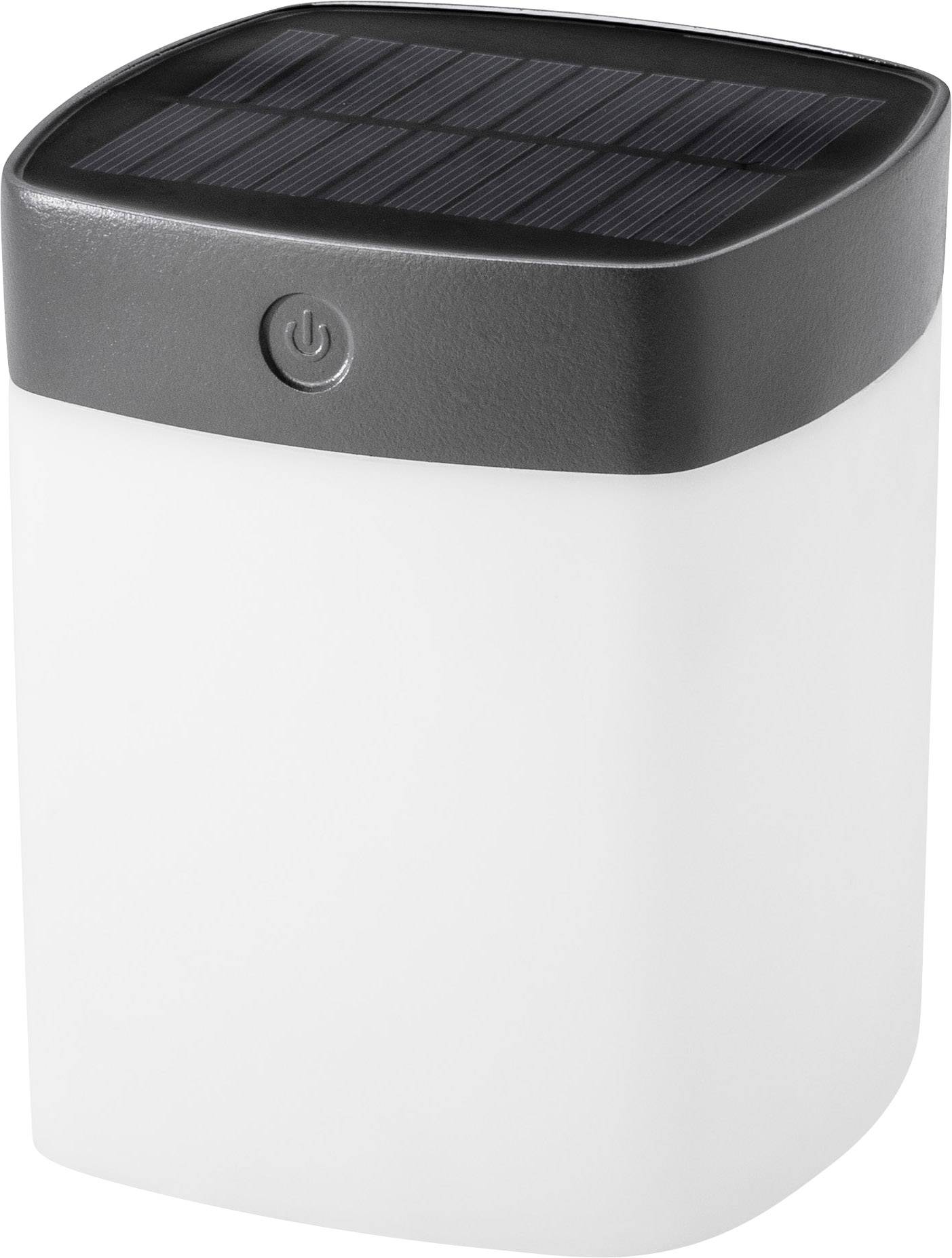 Solar-powered lamp with a rectangular, dark solar panel on the top surface and a white, translucent housing beneath.
