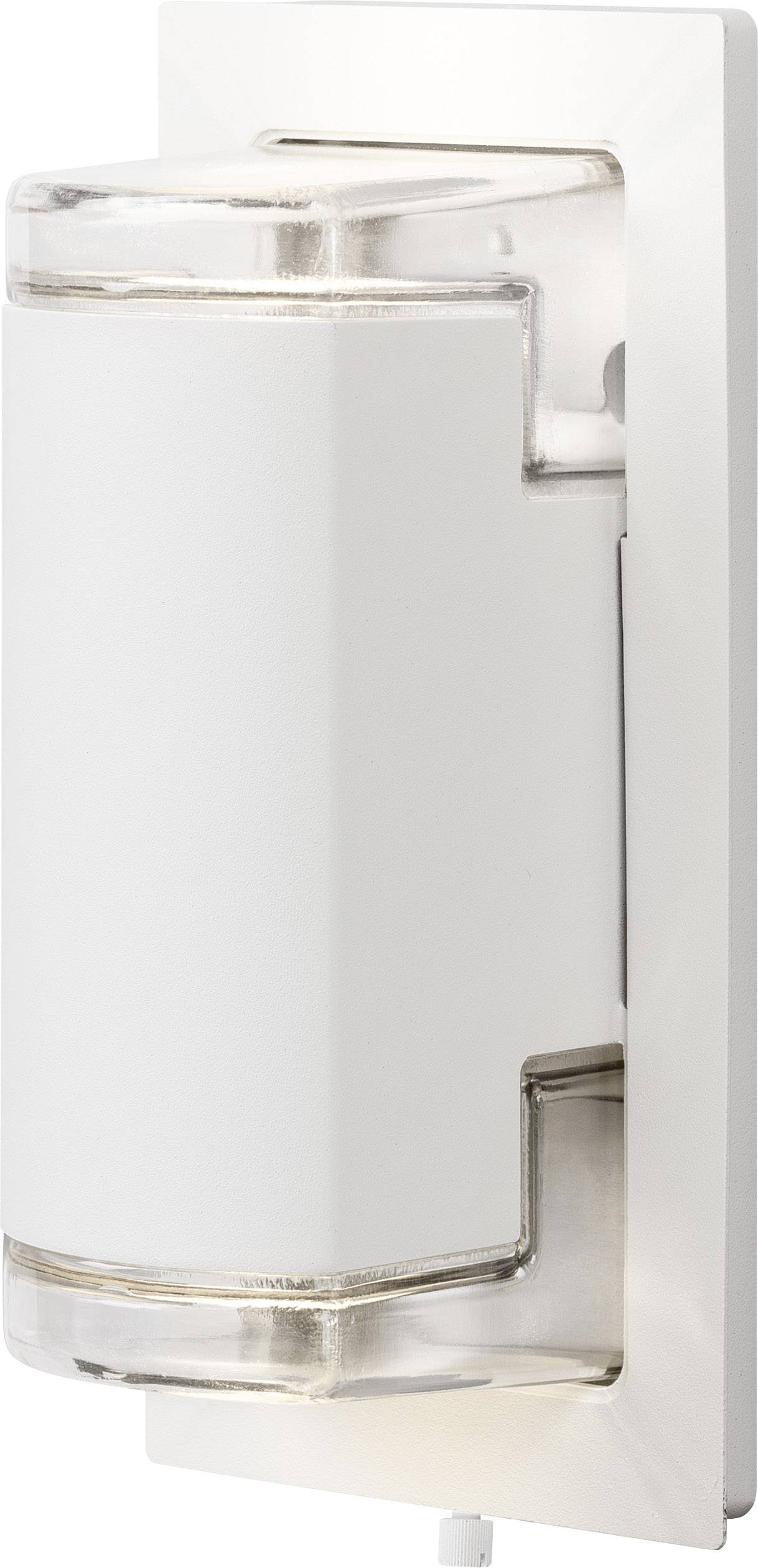 White, modern wall light with cylindrical design and transparent cover, mounted on rectangular metal bracket.