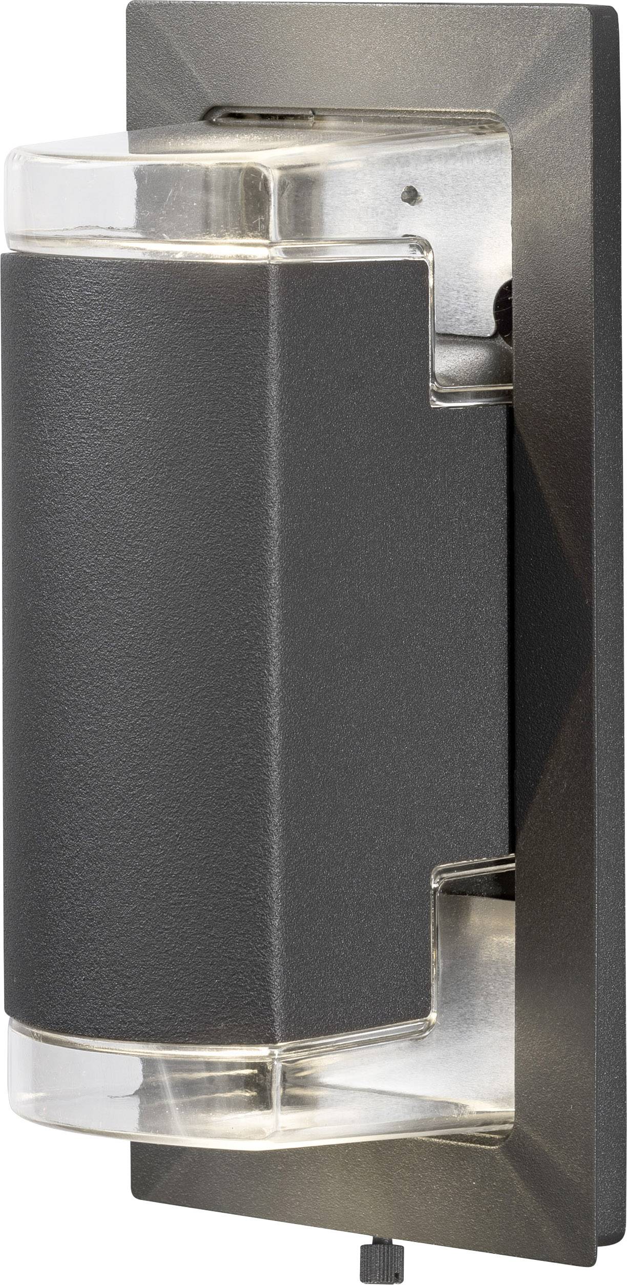 Wall light with modern design, black housing and clear upper and lower covers for double light radiation.