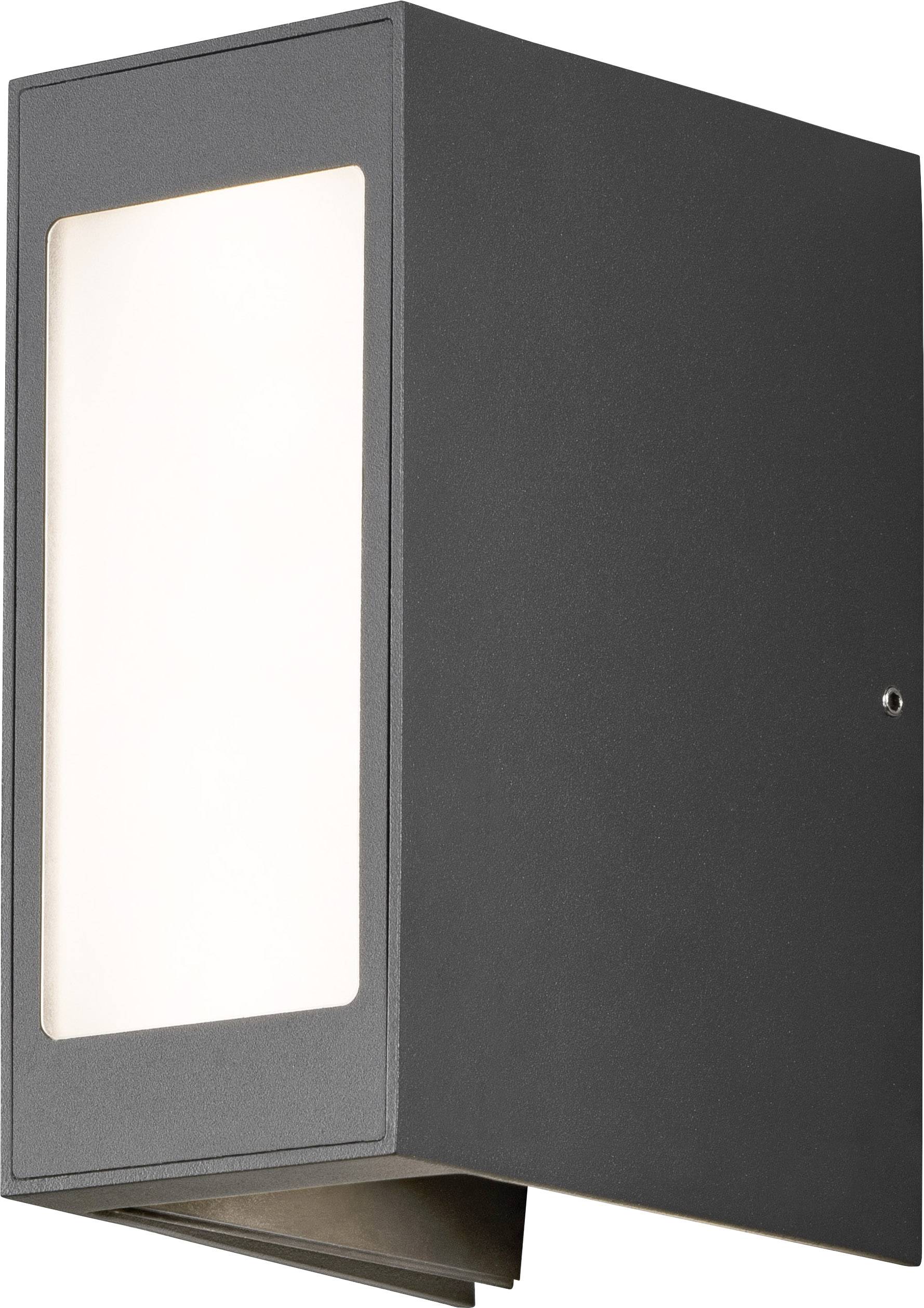 Black-grey outdoor light with a rectangular, modern design and opal glass front, emitting warm white light. Suitable for wall mounting.