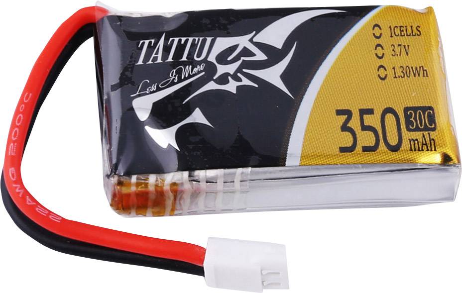 A lithium-polymer battery with a capacity of 350 mAh, voltage of 3.7V and power of 1.30 Wh, suitable for RC applications.