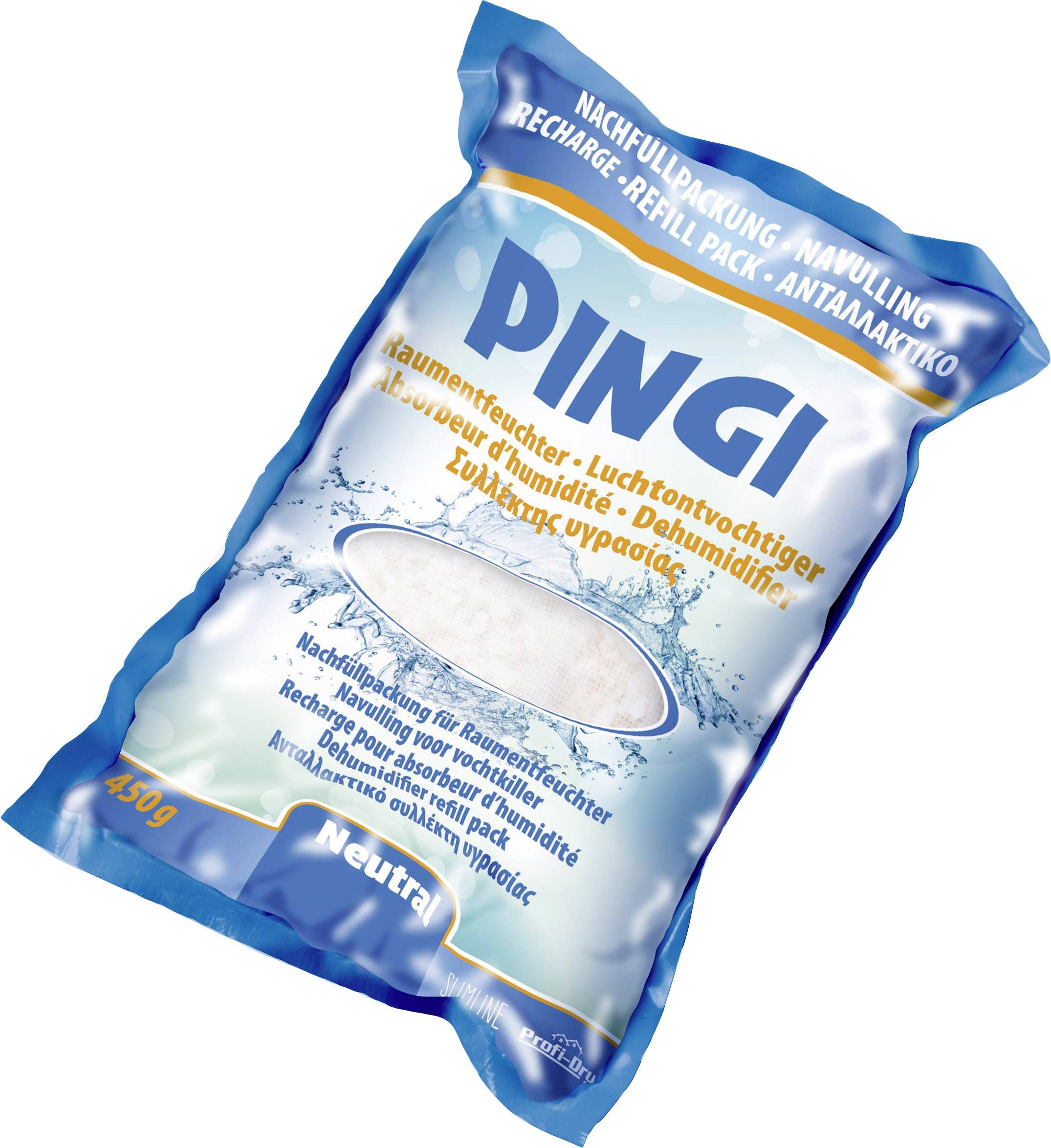 Refill pack for room humidity dehumidifier, brand 'PINGI'. Blue packaging, product for moisture control in indoor spaces.